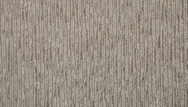 Close-up of Beautiful Elements Pet Friendly Carpet in Homemade color, featuring a beige and light brown vertical striped pattern and soft, textured woven surface for durable flooring with a modern, neutral look.