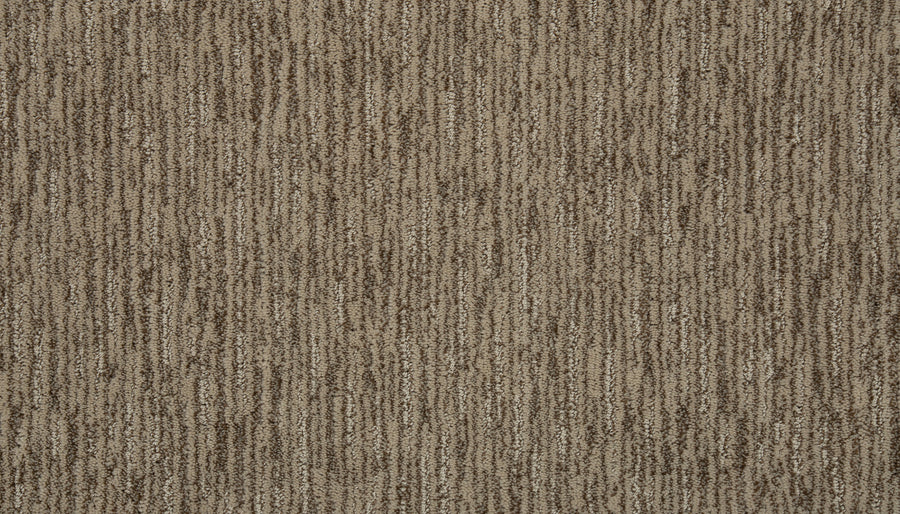 Close-up of Beautiful Elements Pet Friendly Carpet in Falcon, featuring a brown and beige striped pattern with soft, looped fibers for a luxurious look.