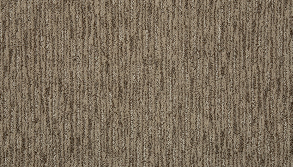 Close-up of Beautiful Elements Pet Friendly Carpet in Falcon, featuring a brown and beige striped pattern with soft, looped fibers for a luxurious look.
