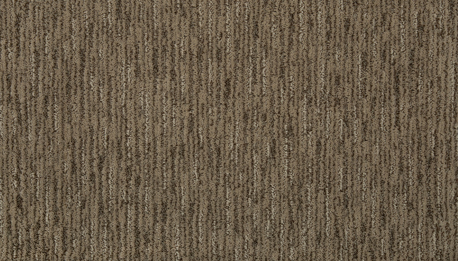 Close-up of Beautiful Elements Pet Friendly Carpet in Flake—a brown carpet featuring a soft, linear textured pattern with varying shades of brown and beige, designed for luxury and pet-friendly durability.