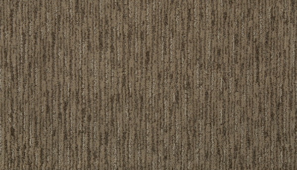 Close-up of Beautiful Elements Pet Friendly Carpet in Flake—a brown carpet featuring a soft, linear textured pattern with varying shades of brown and beige, designed for luxury and pet-friendly durability.