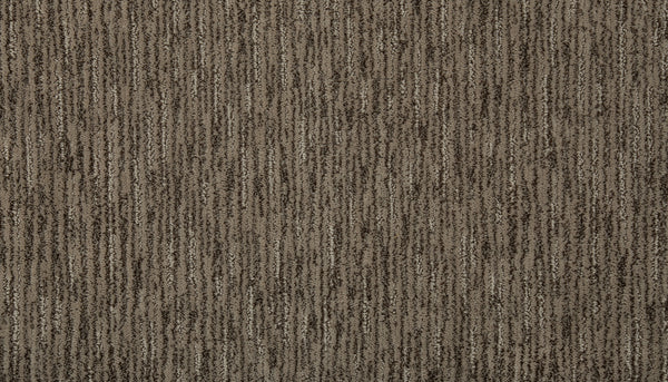 Close-up view of Beautiful Elements Pet Friendly Carpet in Malted, featuring a textured brown surface with subtle vertical stripes in various shades of brown and beige, blending softness and durability for a luxurious look.