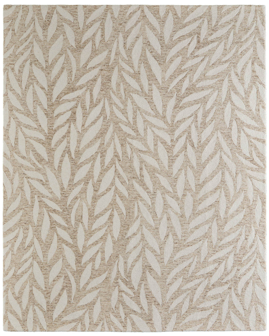 The Wallace 8A37F Rug features a beige and cream palette with a raised abstract leaf pattern, adding a touch of elegance to any neutral or contemporary space.