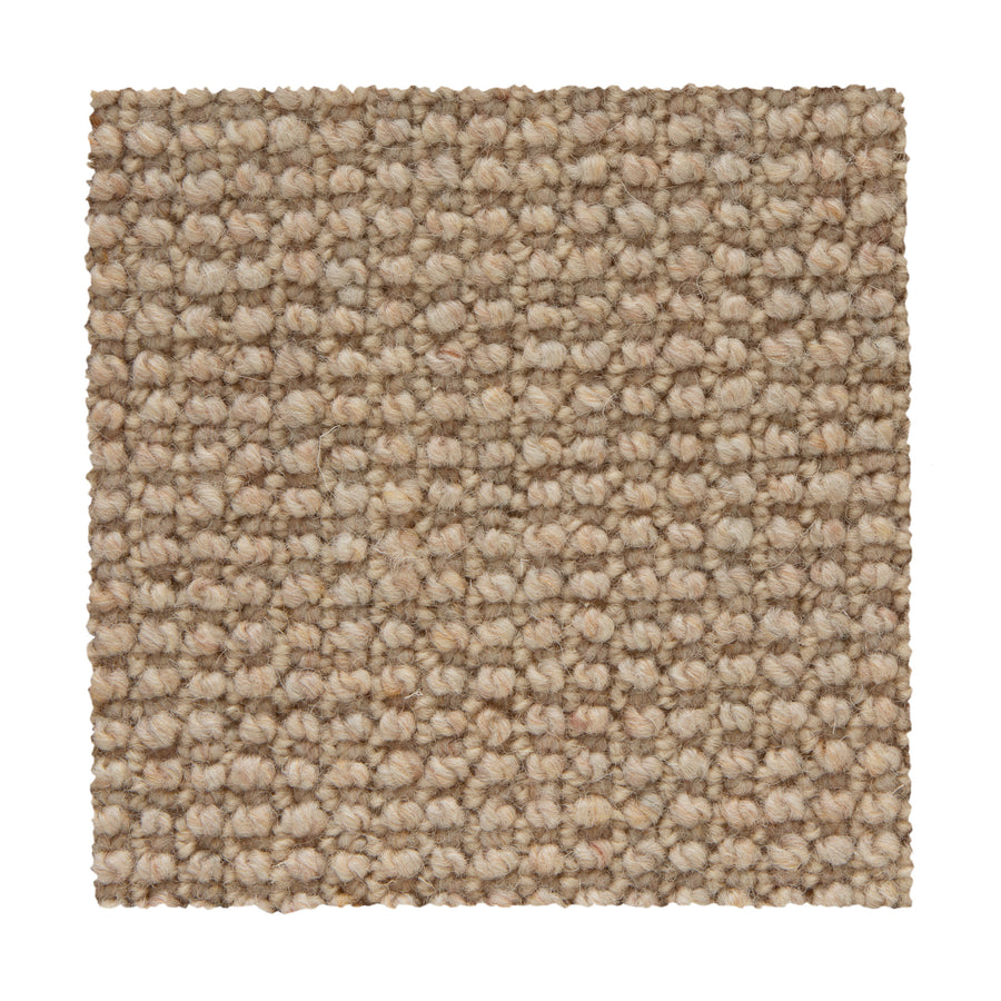 A square sample of Bellarine Berber Carpet in Fawn, featuring a loop-pile texture and chunky weave pattern. Shown on a white background, this durable carpet enhances style and comfort in any room.