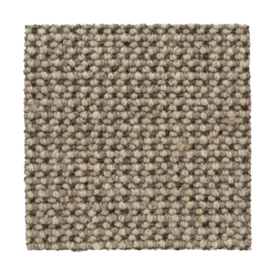 A square swatch of Bellarine Berber Carpet in Khaki features a textured loop-pile style with tightly woven, durable construction displayed on a white background.