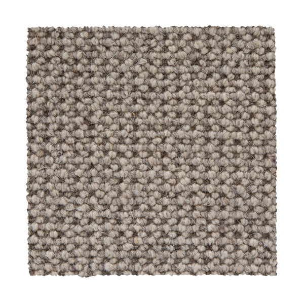A square swatch of Bellarine Berber Carpet in Silverpointe shows a looped pattern with a thick, durable surface and soft, woven look—perfect for those wanting subtle style and lasting quality.