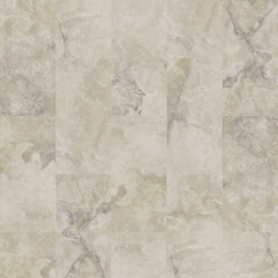 A close-up of Gradient Arches 12.5" Luxury Vinyl Tile in light beige and gray, featuring subtle veins and natural stone textures in a grid pattern—combining elegant style with durable flooring.