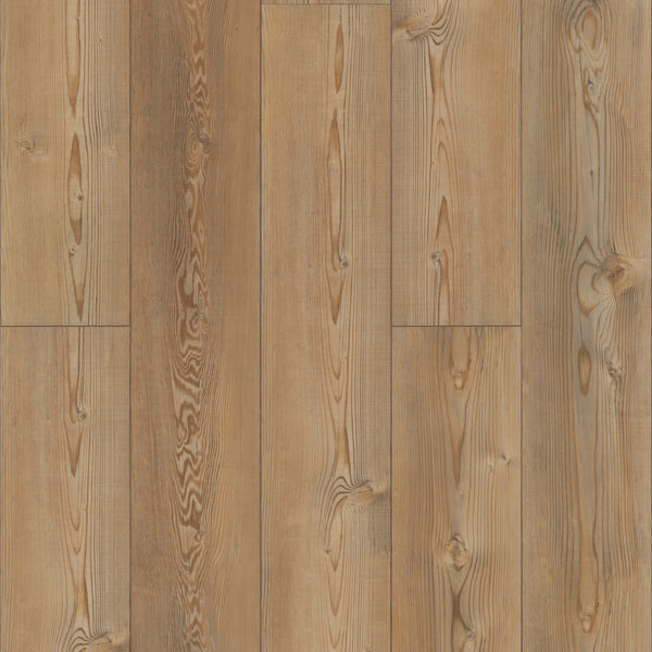 Close-up of Coretec Pro Plus XL Enhanced Vinyl shows natural wood grain and knots in light to medium brown. Planks are parallel, creating a rustic, textured, durable, and waterproof flooring surface.