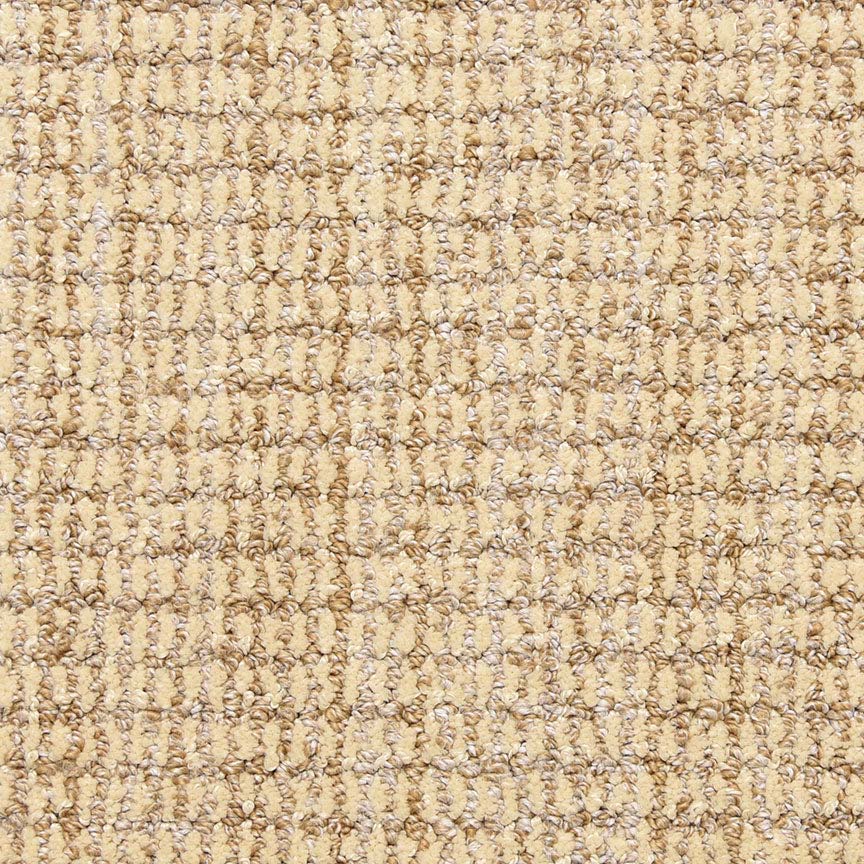 Close-up of Aspen Berber Carpet in Bisque, featuring a grid-like woven pattern and visible loops and fibers for a durable textured finish.