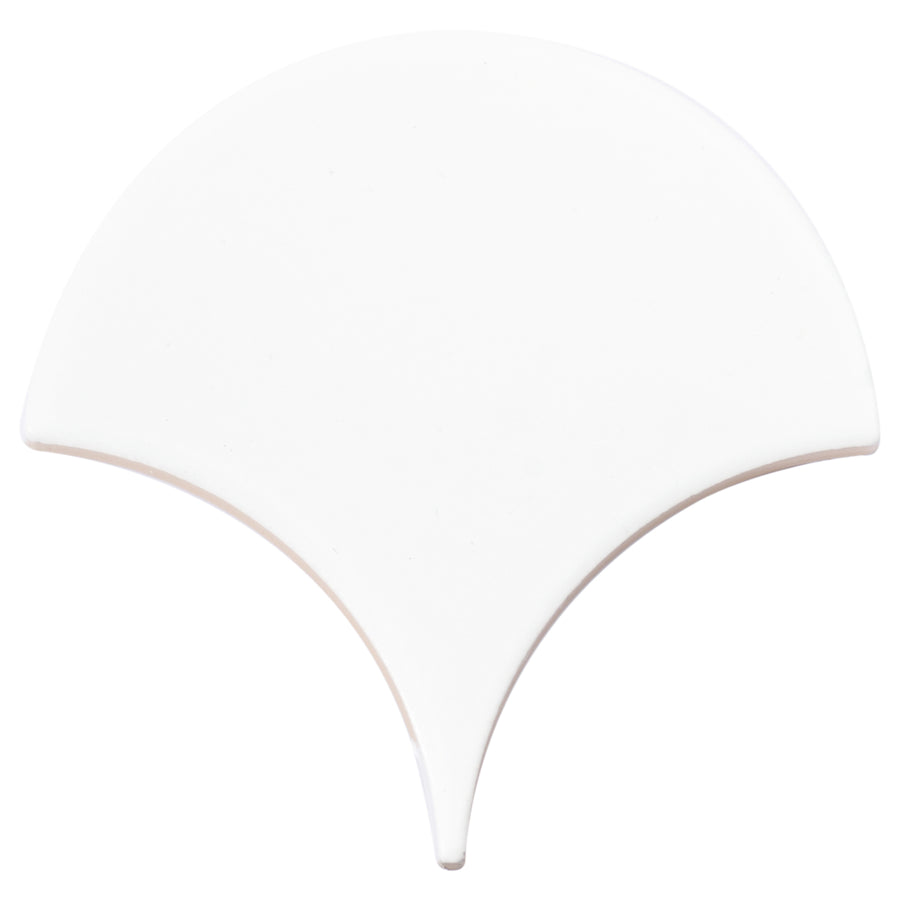 The Tidal 2x5 Ceramic Tile features a fan-shaped, white ceramic design with a flat top and curved sides meeting at a point—ideal as a luxury accent tile against any plain white background.