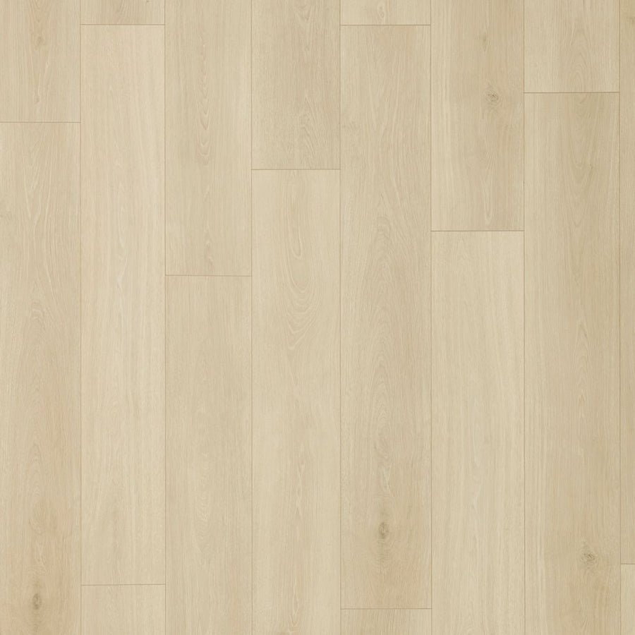 Beachside Collective 7 1/2" Waterproof Laminate in Bleached Linen features light, long, narrow planks with a staggered layout. The visible grain adds texture and variation, offering coastal elegance with durable practicality throughout your space.