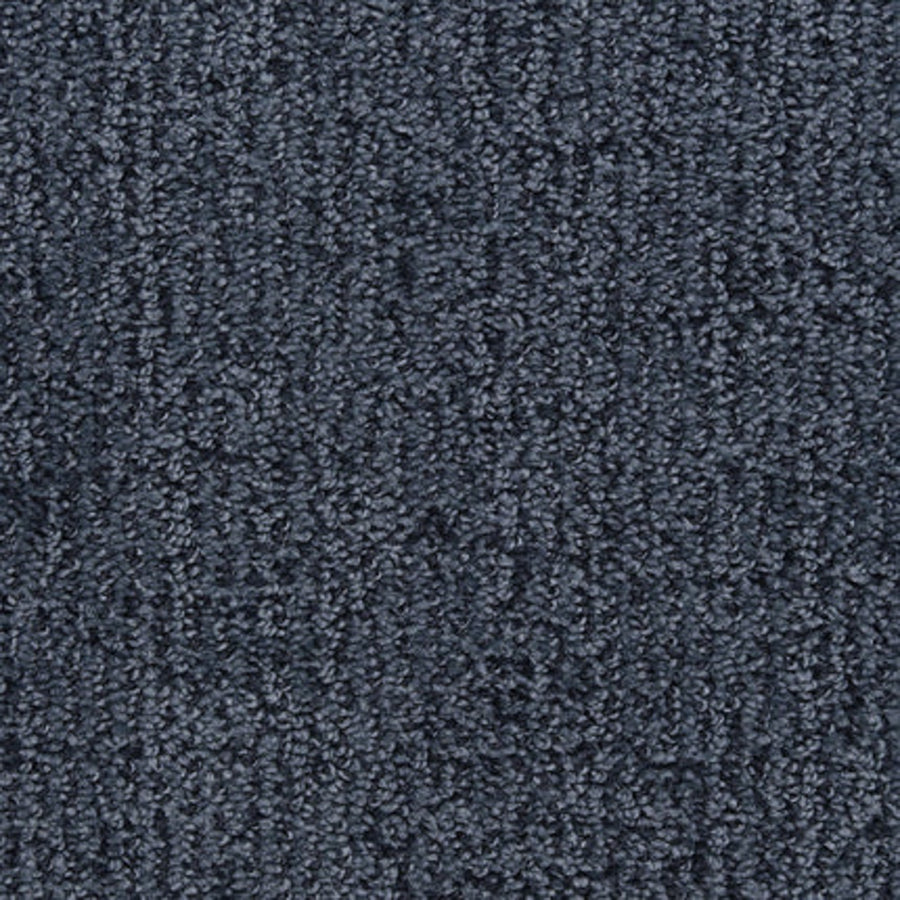 Close-up of Victor Family Friendly Carpet in Blue Ribbon—a durable, dark blue carpet with a subtle linear pattern and tightly woven fibers for a soft, family-friendly surface.
