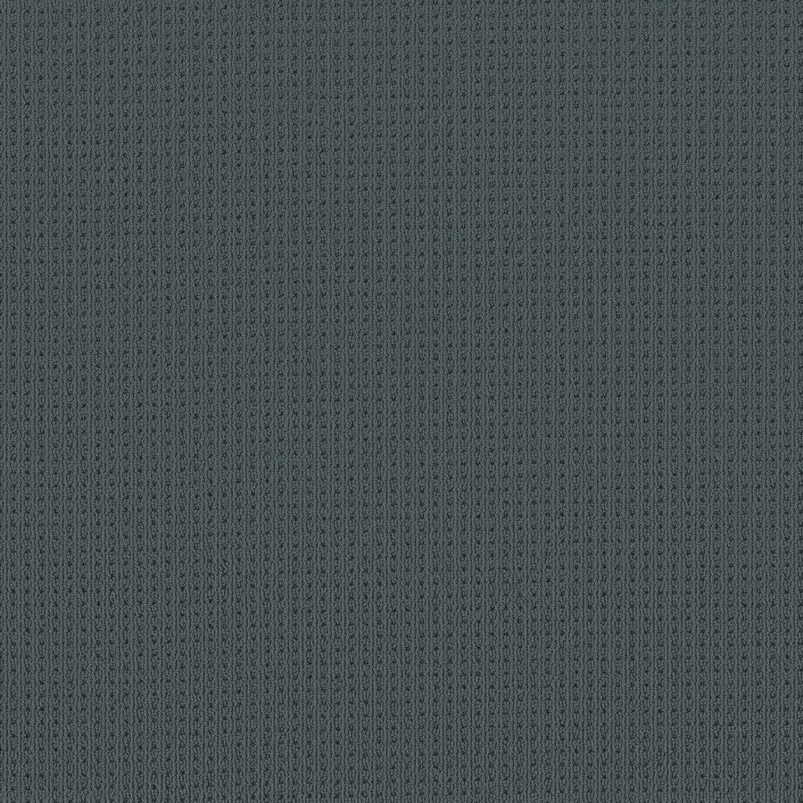 Close-up of San Lucas Family Friendly Carpet in Blustery Sky shows a gray ribbed knit-inspired, textured surface with a repeating vertical pattern—ideal for high-traffic, family homes.