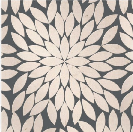 The Bouquet Polished Marble Mosaic Tile features cream leaf-shaped petals in concentric circles on a dark gray background, creating an elegant abstract pattern.