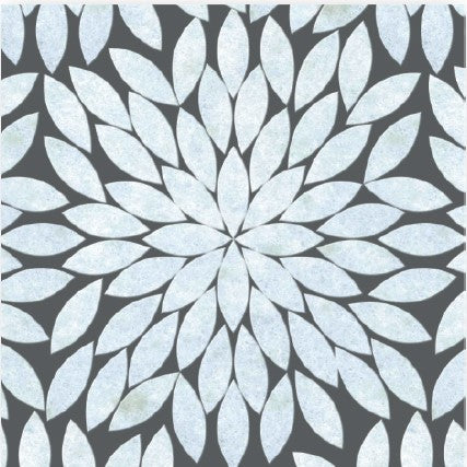 A radial, symmetrical design of overlapping white leaf-shaped petals on a dark gray background, inspired by the Bouquet Polished Marble Mosaic Tile.