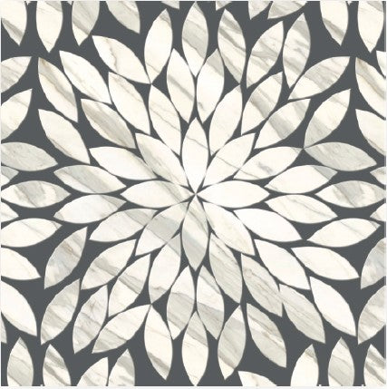 The Bouquet Polished Marble Mosaic Tile features a symmetrical, radial floral design with white and light gray marble leaf shapes on a dark gray background, adding an elegant abstract pattern to any space.