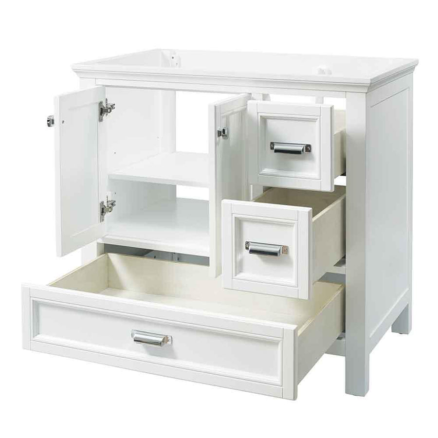 A white bathroom vanity with two cabinet doors and three drawers, all open to reveal storage space inside. The vanity has silver handles and no countertop or sink installed.