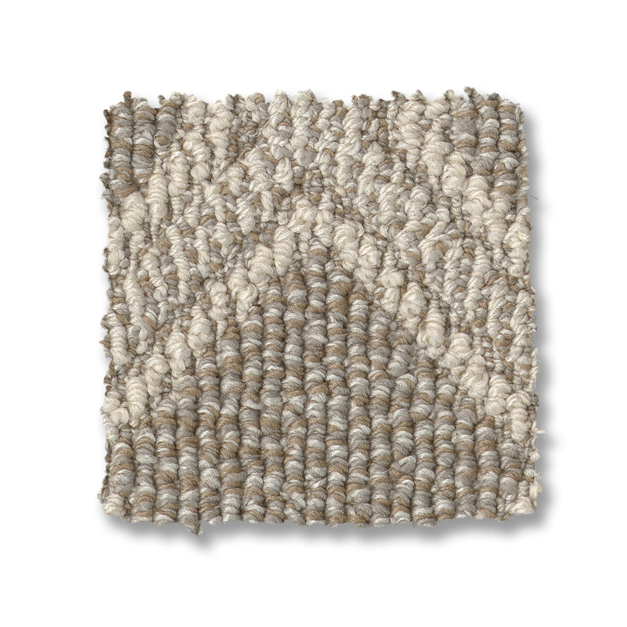 Scout Pet Friendly Carpet is a durable, loop-pile square sample in beige and taupe with a subtle geometric pattern and raised yarn loops on white—a stylish, pet-friendly flooring choice.