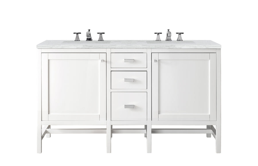 The Addison 60" Double Bowl Vanity features a marble countertop, two side cabinets, and three central drawers with silver handles, offering a stylish Shaker-inspired modular bathroom solution against a plain white background.