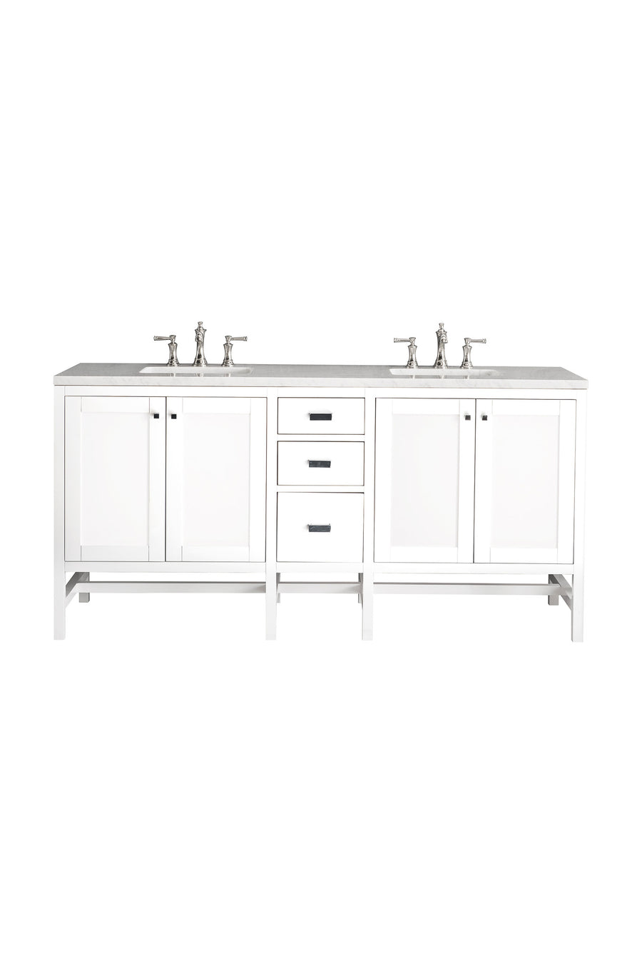 The Addison 72" Double Bowl Vanity features a white finish, two side cabinets, three central drawers, and silver hardware. Shaker-inspired, it sits against a plain white background for a clean and timeless appeal.
