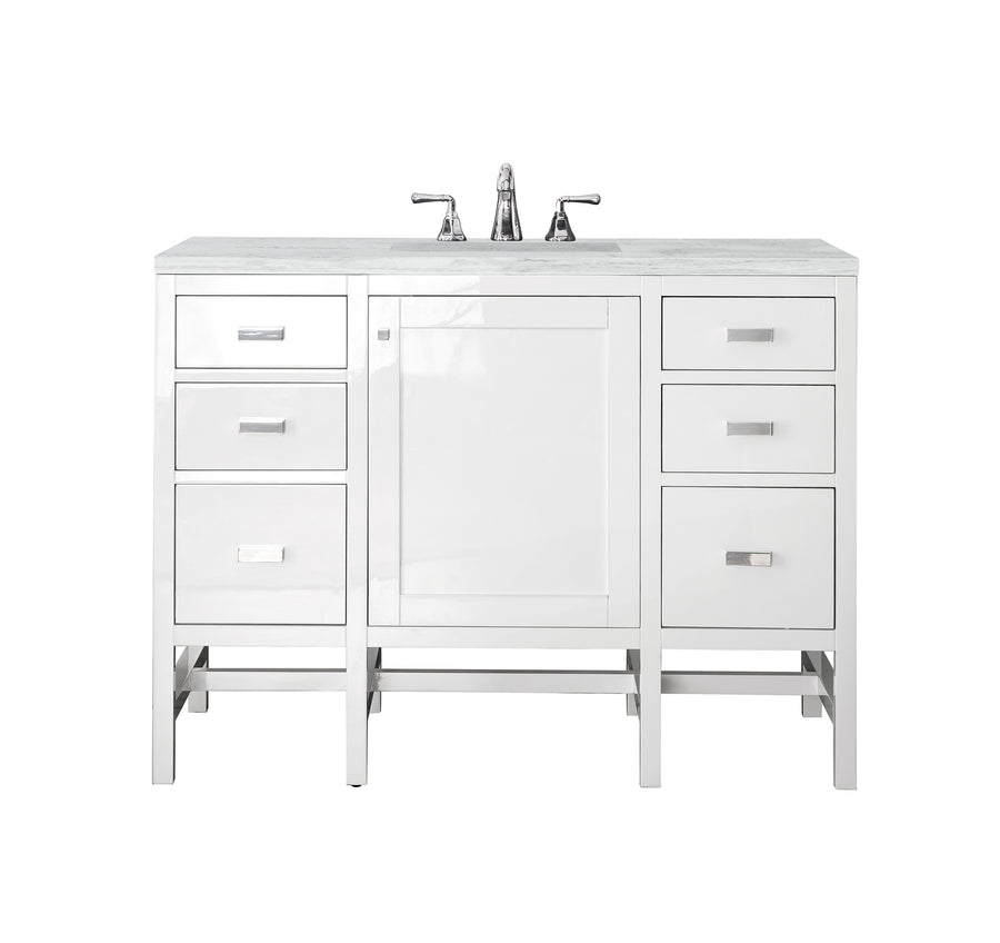 The Addison 48" Vanity offers a modern white design with a marble countertop, chrome faucet, six drawers, reversible door panels, and a central cabinet for customizable style.