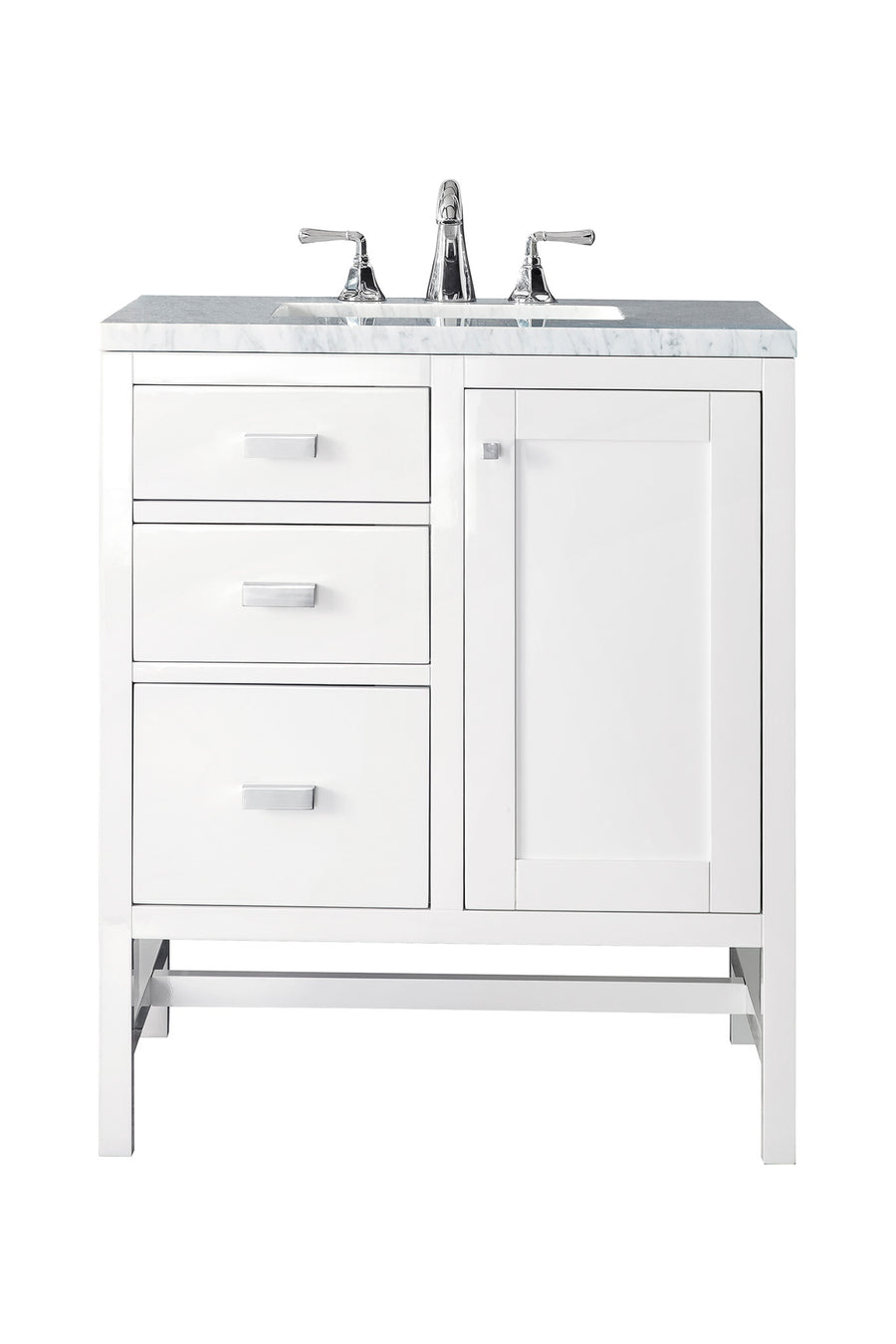 The Addison 30" Vanity showcases a Shaker-inspired design in a white finish, marble countertop, three left drawers, right cabinet door, and a centered stainless steel faucet with sink.