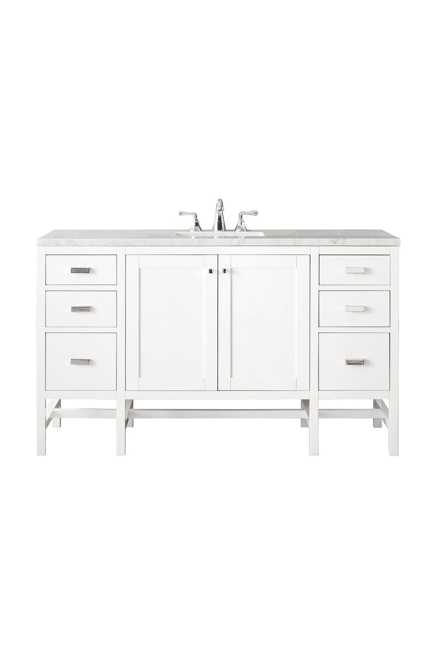 The Addison 60" Vanity features a white double-sink design, marble countertop, chrome faucet, four drawers per side, two central cabinet doors with modern metal handles, and a sleek Shaker-inspired style.