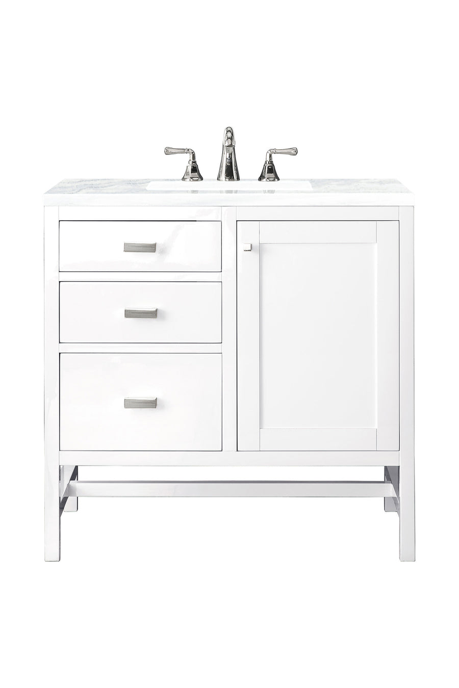 The Addison 36" Vanity offers a Shaker-inspired design with three left-side drawers, a right cabinet door, marble countertop, and a dual-handle chrome faucet.