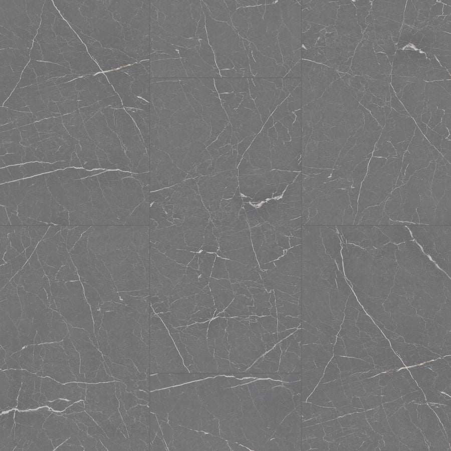 Coretec Natural Opula 18" Vinyl Plank in Bronzeite Marble Tile features a smooth, polished surface with thin, natural white veins running in varied patterns and arranged in a grid layout.