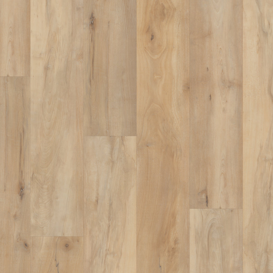 The Coretec Pro Plus HD 7" Vinyl Plank features a light wood look with natural grain patterns, knots, and a smooth finish in beige and tan tones. Planks are vertically aligned and made from durable luxury vinyl plank flooring.