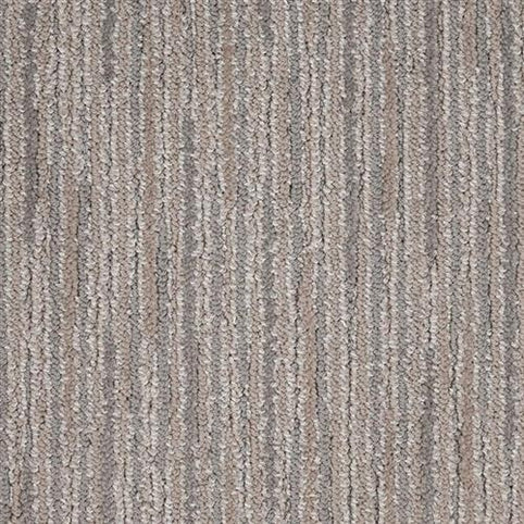Close-up of Artist View On Trend Carpet in Brush Stroke, featuring a looped texture and vertical stripes in beige, gray, and light brown tones. Durable fibers provide a subtle, uniform, and neutral look.