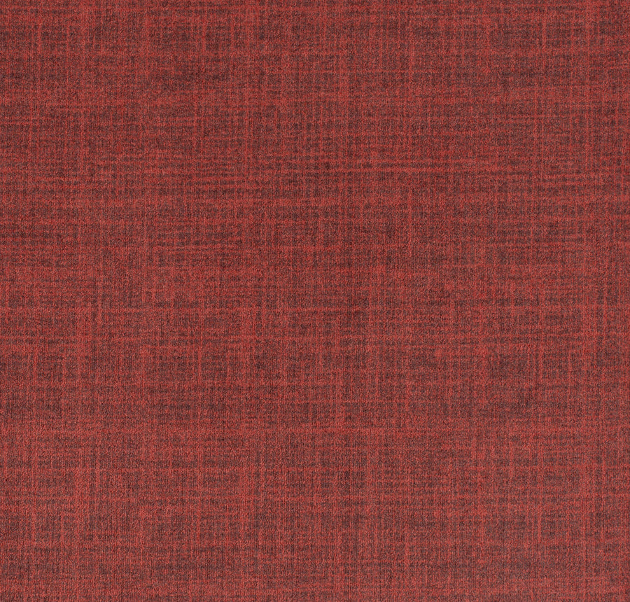 Close-up of Brushed Linen On Trend Carpet in Scarlet, showing a textured red fabric with a subtle crisscross pattern. The modern design features color variations from deep red to lighter scarlet tones for a woven, grid-like look.