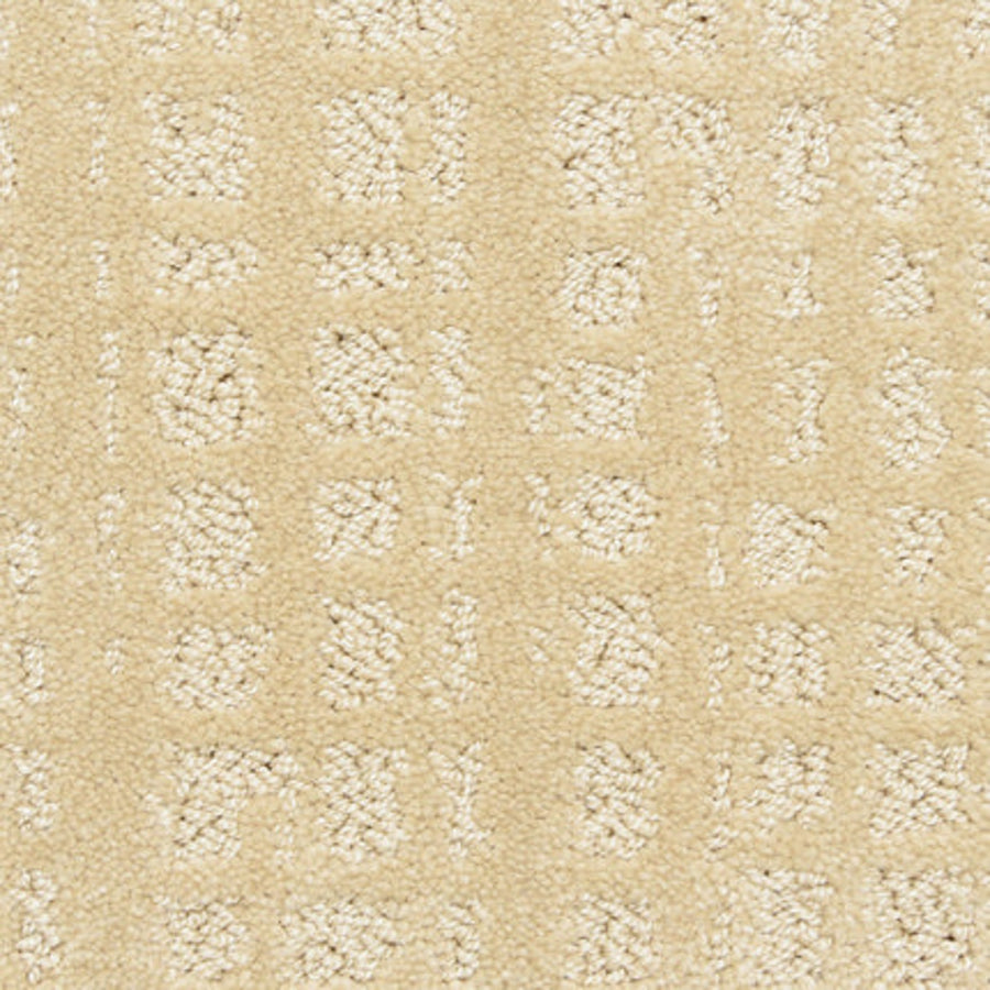 Close-up of Willow Lake On Trend Carpet in Butternut, featuring a textured grid pattern with raised square shapes for a soft, stylish look—ideal for high-traffic areas.