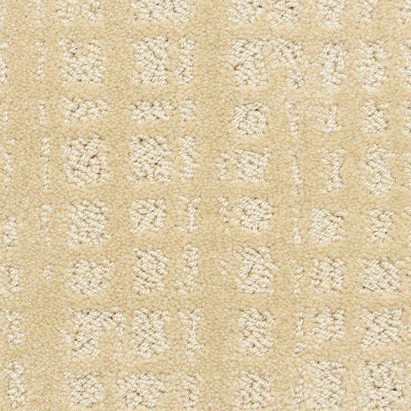 Close-up of Willow Lake On Trend Carpet in Butternut, featuring a textured grid pattern with raised square shapes for a soft, stylish look—ideal for high-traffic areas.
