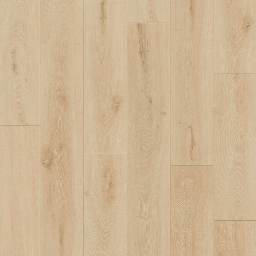 Coretec Retro Revival 9" Vinyl Plank in Butterscotch Oak features a light hue with natural grain and subtle knots, laid lengthwise for a smooth, clean look that adds vintage appeal to any space.