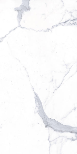 The Donatello 24x48 Porcelain Tile features a white marble look with subtle gray veining in natural patterns. Its smooth, polished finish and large format bring elegant Italian marble style to any modern space.