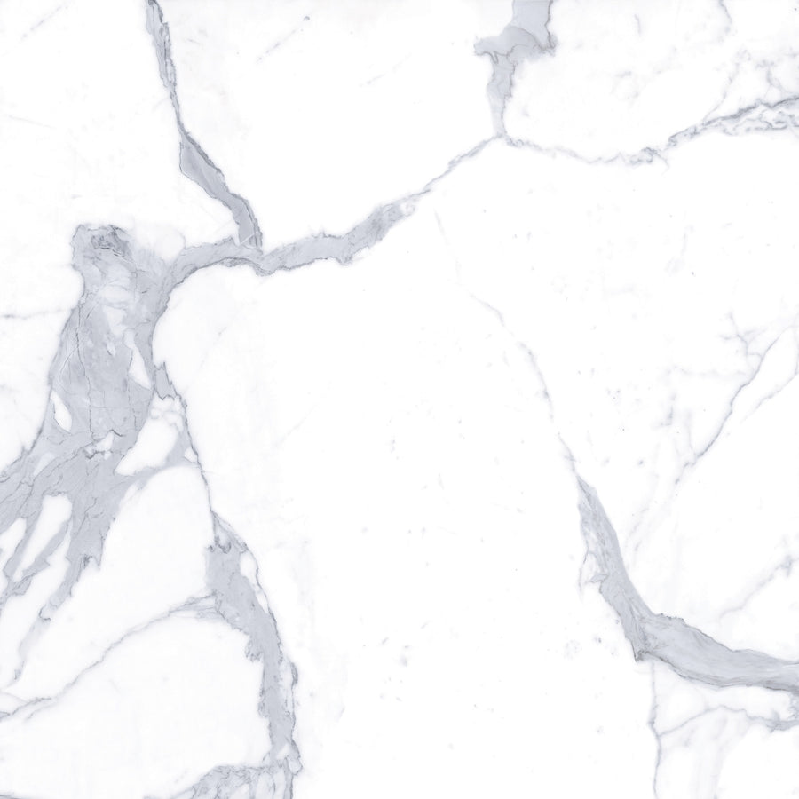 The Donatello 48x48 Matte Rectified Porcelain Tile features a white marble look with light gray veining and an organic pattern, making it ideal for floors, countertops, or decorative surfaces in spacious areas.