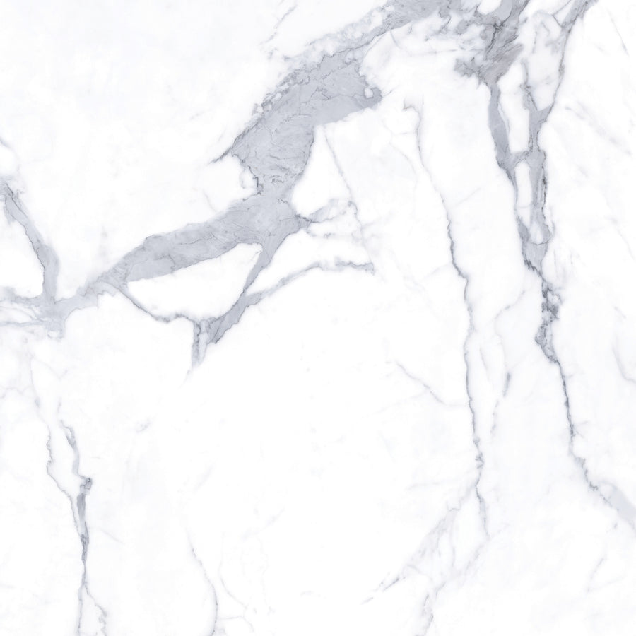 White marble surface with light gray and dark gray veining in an irregular, natural pattern, giving a smooth and elegant appearance.