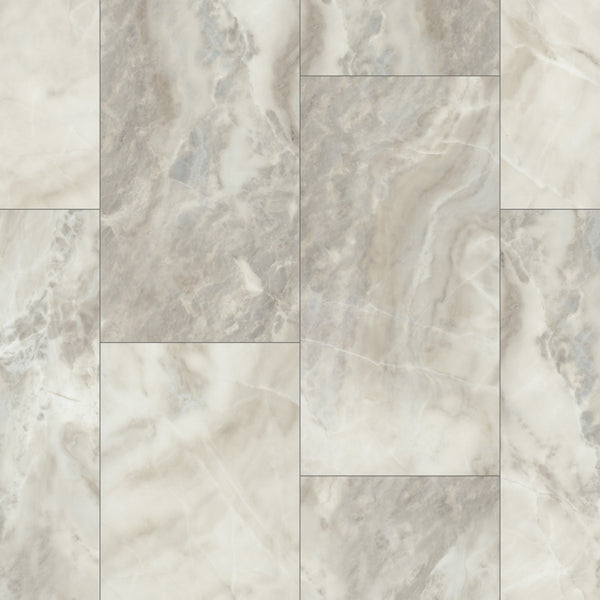 A close-up of Paragon Tile Plus Vinyl shows rectangular tiles with a marbled pattern in light gray, beige, and white, featuring natural stone-like veining and a smooth surface, arranged in a staggered layout.
