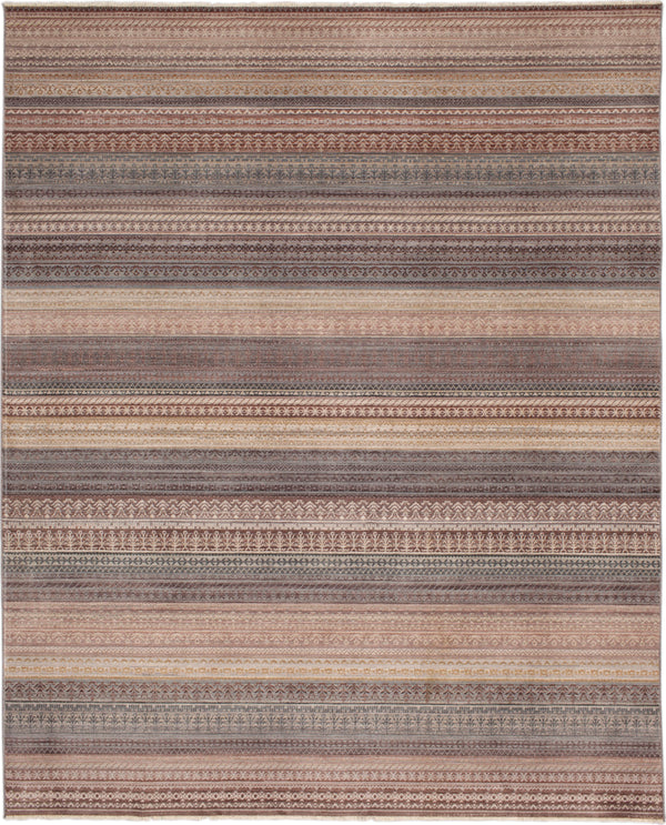 The Echo Area Rug features horizontal stripes in earthy brown, beige, and gray tones with geometric and ornamental patterns woven into each stripe for a unique decorative look.