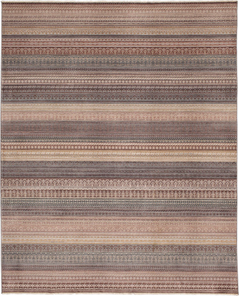 The Echo Area Rug features horizontal stripes in earthy brown, beige, and gray tones with geometric and ornamental patterns woven into each stripe for a unique decorative look.