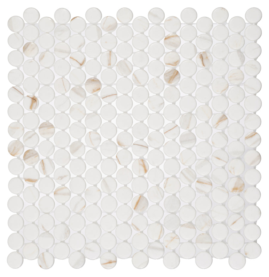 The Carolina Dots 11 1/8" x 11 1/4" Glass Mosaic Tile in Gilded Vogue features small, round white tiles with subtle beige and brown veining, closely arranged on a white sheet—ideal for accent walls.