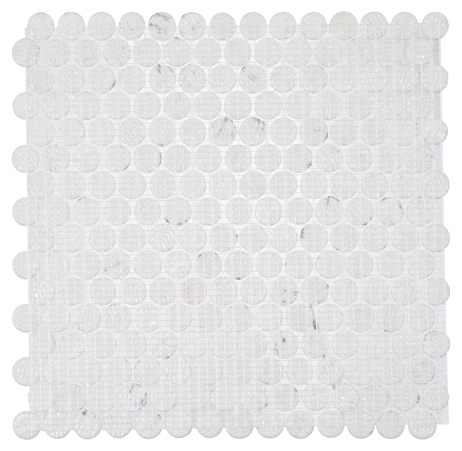 The Carolina Dots 11 1/8" x 11 1/4" Glass Mosaic Tile in Fashion Spec features a grid of small, round tiles with subtle veining and texture—ideal for accent walls or a modern polka-dot look.