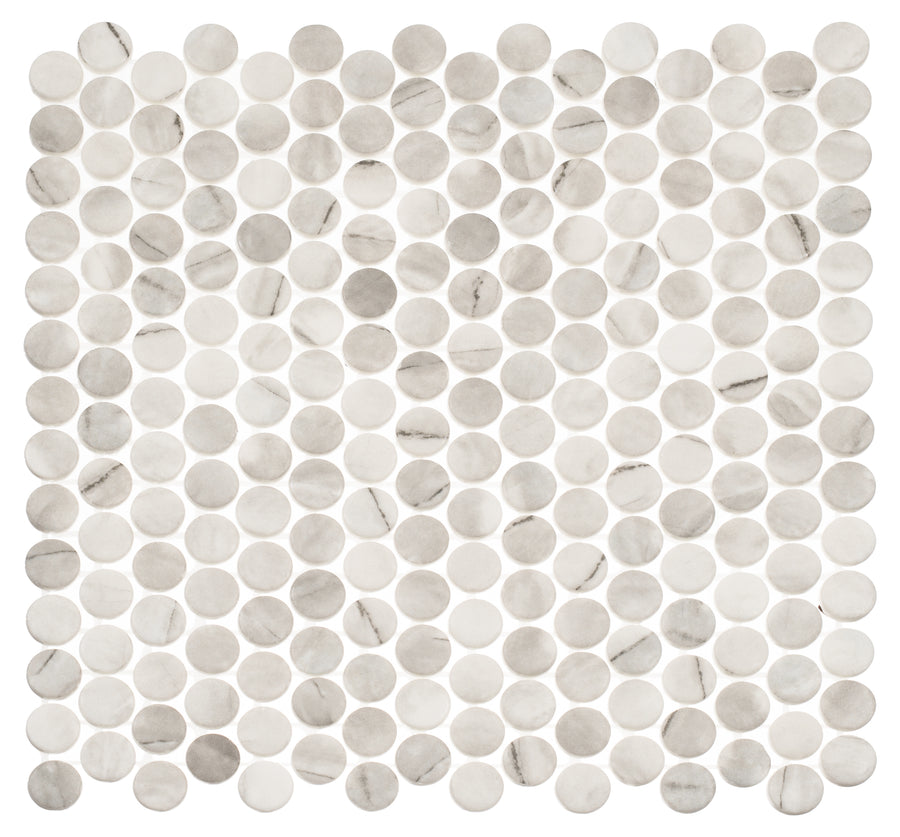 Carolina Dots 11 1/8" x 11 1/4" Glass Mosaic Tile in Venezuela Dawn features a grid of round glass tiles, ideal for accent walls and adding elegant style to any space.