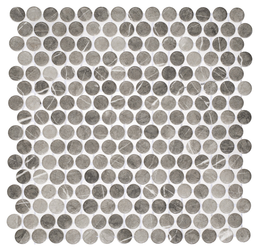 The Carolina Dots 11 1/8" x 11 1/4" Glass Mosaic Tile in Herrera Grafite features a grid of small, round gray and white dots with natural veining, perfect for accent walls.