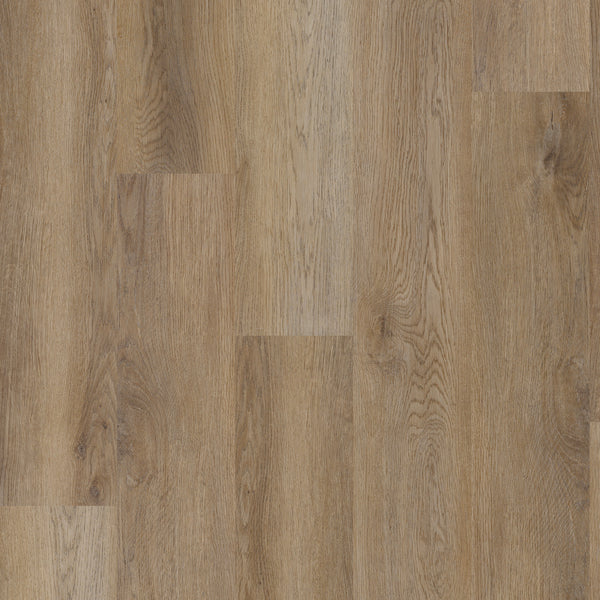 Close-up view of Coretec Pro Plus Vinyl flooring, showcasing natural brown grain patterns and a smooth, polished finish with rigid core planks arranged in a staggered layout.