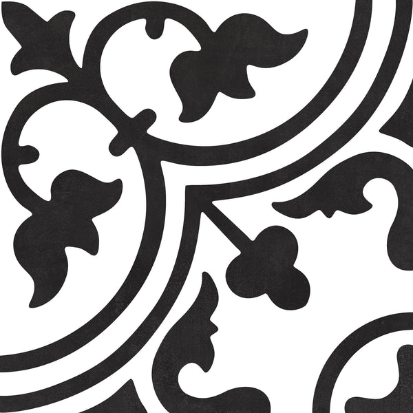 Black and white ornamental tile pattern featuring curved lines, leaf shapes, and floral elements on a white background. The design has a vintage and decorative style.