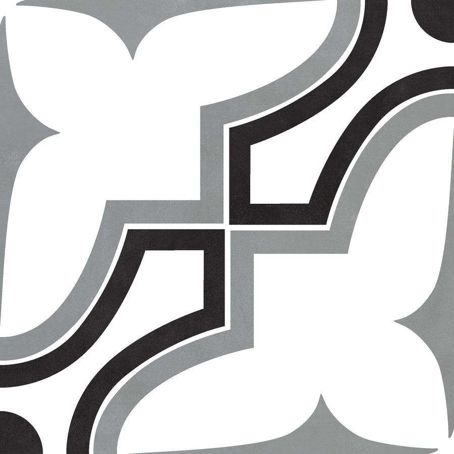 A geometric pattern with four white abstract shapes forming a cross, outlined by thick black curves and set against a gray background with a slight gradient.