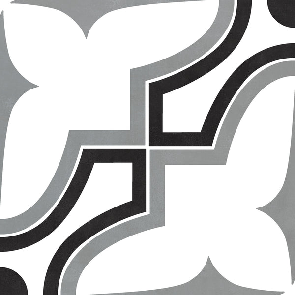 A geometric pattern with four white abstract shapes forming a cross, outlined by thick black curves and set against a gray background with a slight gradient.
