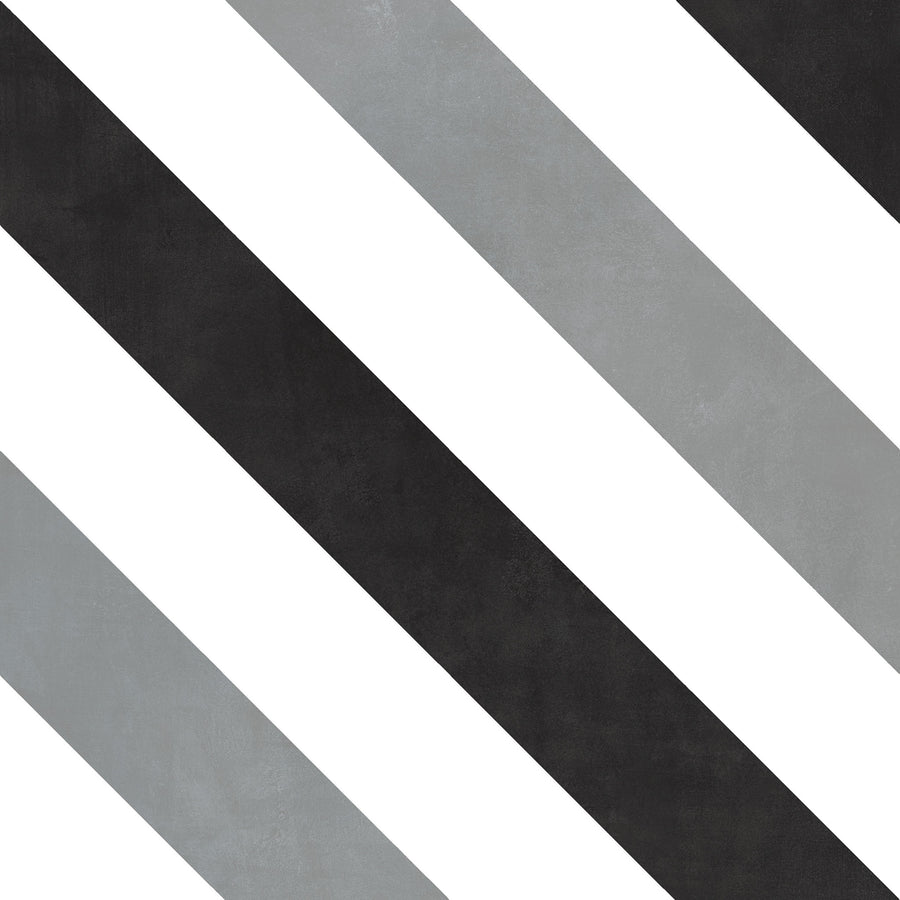 Diagonal black, gray, and white stripes alternate across the image, creating a bold, geometric pattern. The background is divided evenly by the stripes, giving a modern, minimalist appearance.